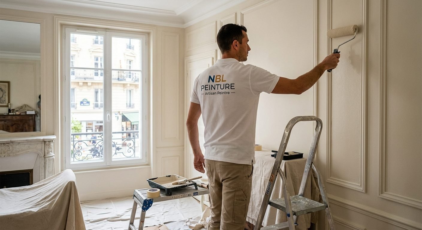 Peinture de murs à moulures dans un appartement ancien par un artisan peintre de NBL Peinture